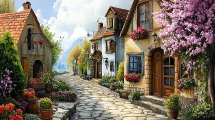 Fototapeta premium Charming Village Street with Blooming Flowers