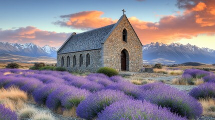 Lavender Fields and Scenic Church at Sunset
