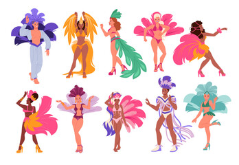 Dancers of Brazilian carnival in Rio de Janeiro set. Female and male characters in exotic costumes with feathers dancing latin dances at samba and cabaret, fashion party cartoon vector illustration