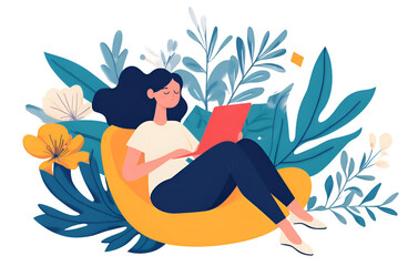 Relaxed Illustration of a Woman Working on a Laptop in a Botanical Setting, Cutout, Isolated on Transparent PNG/White Background