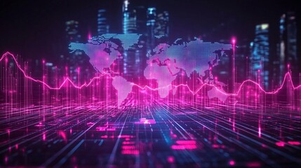 Fototapeta premium global economic trends and financial growth analysis, with investment charts and a neon world map showing network connectivity and data transfer for business and finance