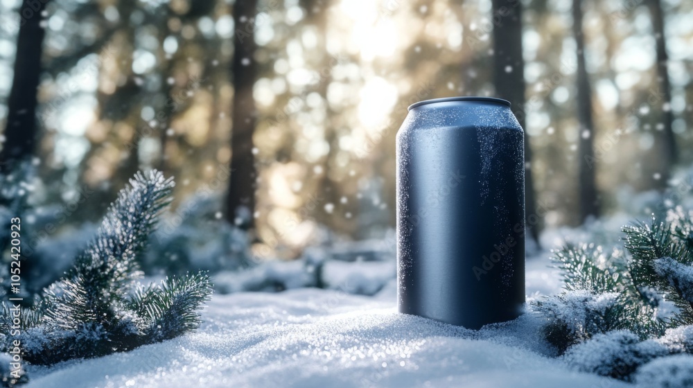Aufkleber a can, covered in condensation, is sitting in the snow. there is a snow-covered pine branch to the r