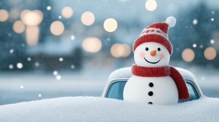 Fototapeta premium Charming Snowman on Car in Winter Wonderland