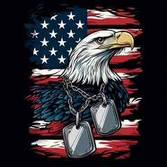 A patriotic American design with dog tags, the American flag, and a bald eagle. Flat black background. generative ai © Fathor