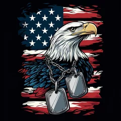 A patriotic American design with dog tags, the American flag, and a bald eagle. Flat black background. generative ai © Fathor