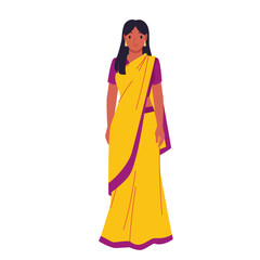 Pensive puzzled female character in traditional clothes standing, full body portrait of woman. Indian girl in yellow saree holding chin with hand to think about problems