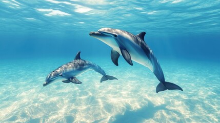 Obraz premium Mother Dolphin Swimming With Her Calf Underwater