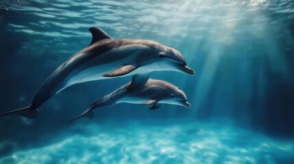 Obraz premium Mother Dolphin Swimming with Calf in Gentle Waters