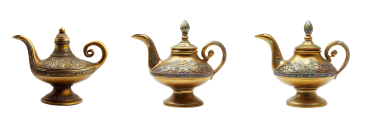  Set Photograph of Aladdin's lamp, isolated on a transparent background cutout