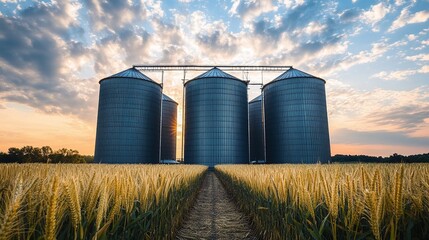 peaceful rural countryside with grain silos and farming storage, showcasing field crops, harvest season, and silo storage in agricultural land