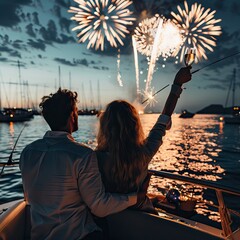 Couple in yacht celebrating with fireworks on water, festive new year s eve boat party, New year s eve, Happy New year 