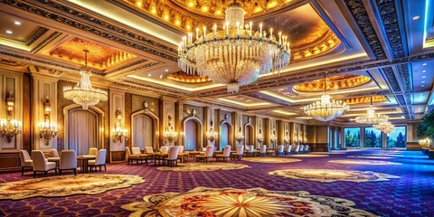 Obraz premium Luxurious Hotel Ballroom with Intricate Carpets and Grand Chandeliers for High-End Events