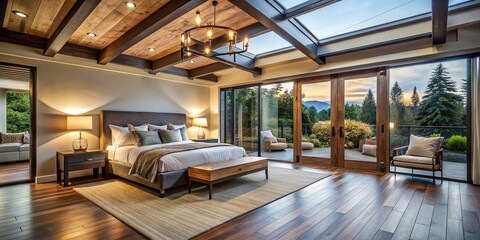 Naklejka premium Luxury Bedroom with Hardwood Floors and Skylights in Modern Home Design