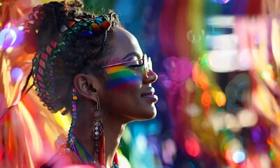 A young woman joyfully celebrates amidst colorful decorations, showing her pride