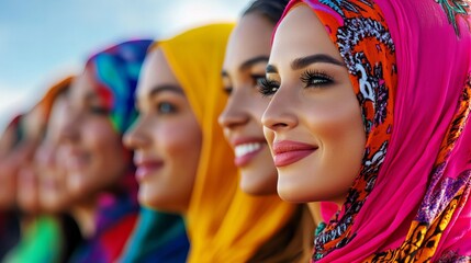 Obraz premium Four women wearing colorful headscarves smile and look off into the distance.
