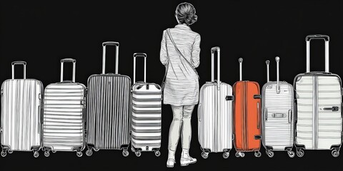 A traveler stands in front of a row of suitcases, thoughtfully considering their options. The luggage varies in color and design, showcasing different styles