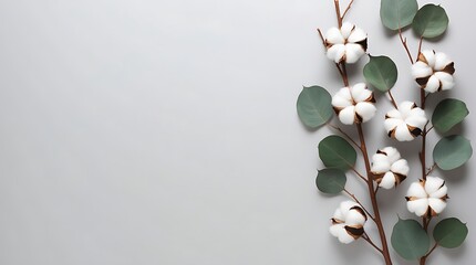 Cotton branches with eucalyptus leaves on grey background.