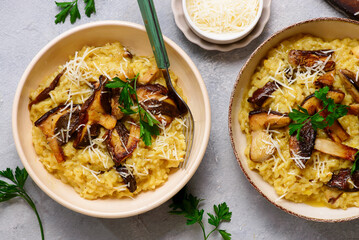 Risotto with wild porcini mushrooms.top veiw.style rustic