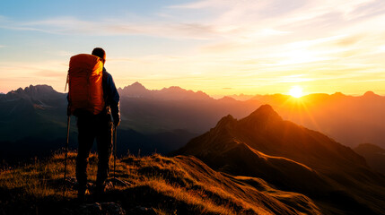 Fototapeta premium A hiker standing on a mountain ridge at sunset, wearing an orange backpack, gazing across the stunning landscape filled with dramatic peaks and valleys under a vivid sky.