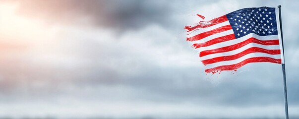 Tattered Flag in Stormy Winds - Dramatic High Contrast Image of a Torn Flag Against Dark Skies Perfect for Evoking Emotion and Resilience
