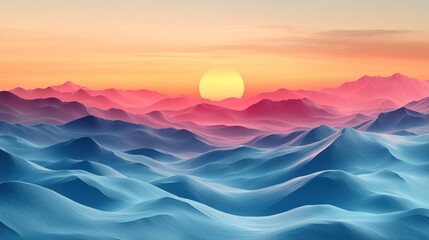 Abstract Sunset Landscape with Wavy Mountains and a Bright Sun