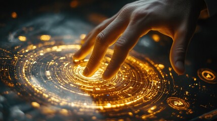 AI robot hand touching an interface hologram button, showcasing futuristic digital technology, innovation in programming, and advanced software system interactions