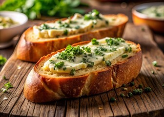 Macro Photography of Toasted Baguette with Herb Butter on Rustic Wooden Table