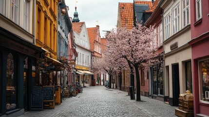 Charming Urban Street with Cherry Blossom Trees