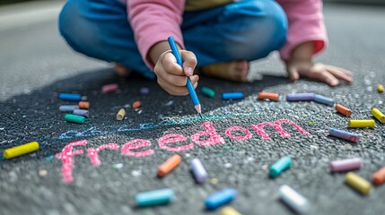 Naklejka premium Childs Artistic Expression on Pavement - Warm Afternoon Light Illuminates Freedom Chalk Drawing