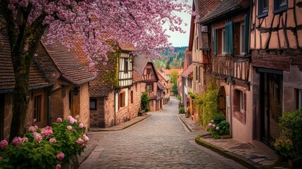 Obraz premium Charming Village Street with Cherry Blossoms and Cobblestones