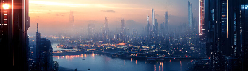 Obraz premium A breathtaking skyline of a futuristic city at twilight, showcasing towering skyscrapers against a vibrant sunset, reflecting on a tranquil river, evoking a sense of innovation.