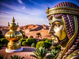 Majestic Arabic Statue in Desert Landscape with Expansive Copy Space for Text or Branding Use