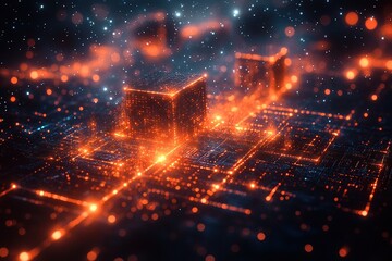 Fototapeta premium Abstract digital network with glowing cubes and lines.