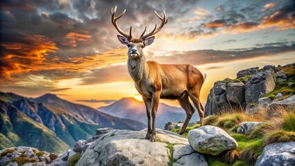 Obraz premium Majestic Deer in a Serene Mountain Landscape at Sunset - Nature's Beauty Unveiled