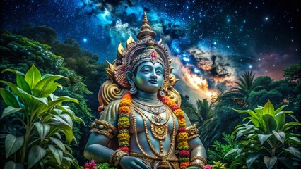 Fototapeta premium Majestic Indian Deity Statue at Night – Captivating Night Photography of a Divine Sculpture
