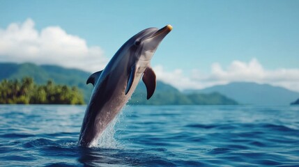 Obraz premium Young Dolphin Jumping Out of Water Near Tropical Shore