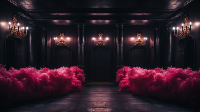 Luxurious dark hallway with vibrant pink feather decor and ornate candle sconces