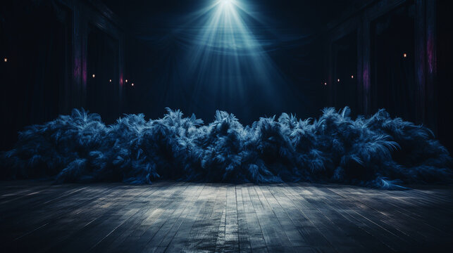 Dark atmospheric stage with blue feathers under spotlight