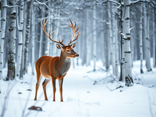 stag standing gracefully in a snow-covered forest during winter, surrounded by tall, white birch trees