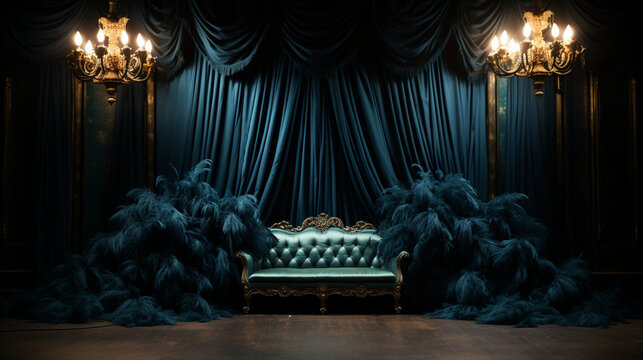 Luxurious vintage teal sofa with ornate gold accents and feathered decor in an elegant dark blue room