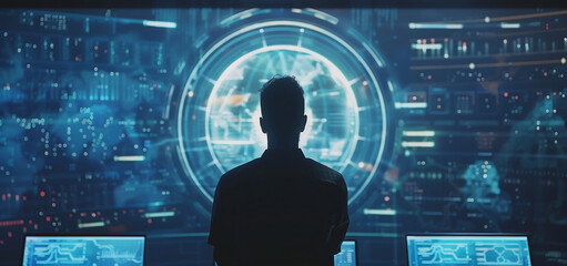 A man in front of the screen is silhouetted against an array of digital screens displaying data and charts