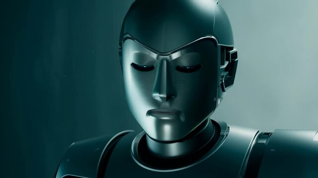 A robot with a face and a helmet. The robot has a serious expression on its face. The robot is in a dark room