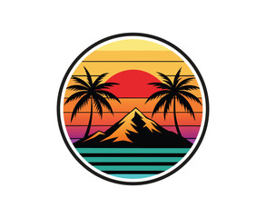 Retro Vintage Mountain Sunset with Palm Tree Silhouettes T-Shirt Design