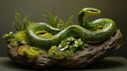 Fototapeta premium 2025 is the Year of the Green Wooden Snake. Intricately Carved Green Wooden Snake in Lush Forest – Detailed Scales and Realistic Wood Texture in Natural Leafy Surroundings with Playful Lighting Effect
