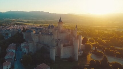 Obraz premium Majestic Castle at Sunset Overlooking Scenic Landscape