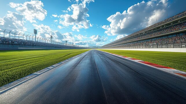 vibrant digital illustration of an empty racing track, expansive and inviting, with grandstands filled with cheering crowds, capturing the excitement of motorsport events