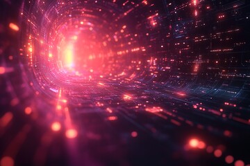 Obraz premium Abstract digital tunnel with glowing lights and data streams.