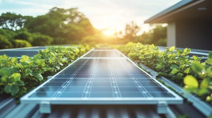 Fototapeta premium Solar panels integrate seamlessly into a lush green environment.