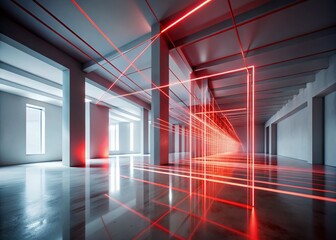 Minimal Abstract Composition with Red Lines on White Floor &ndash; Urban Exploration Photography