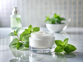Minimalist Bathroom Scene with Face Cream, Water, and Mint for Skincare Aesthetics